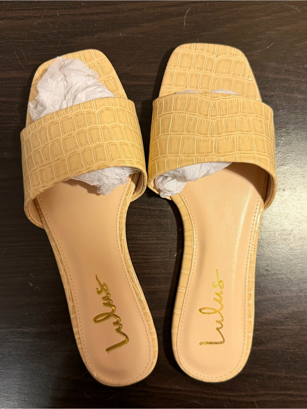 Lulu's Pale Yellow Croc-Embossed Slide Mules